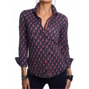 Cino Lotus Button Down Crinkle Cotton Shirt in Navy Size Small